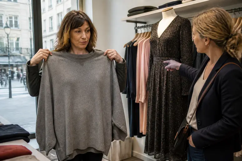 Une femme d'âge mûr en France choisit ses vêtements dans une boutique, évitant un pull trop large.