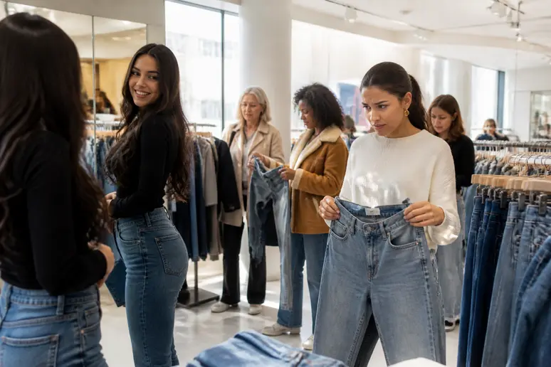 Des femmes françaises dans un magasin essaient des jeans, privilégiant les modèles taille haute pour le confort.