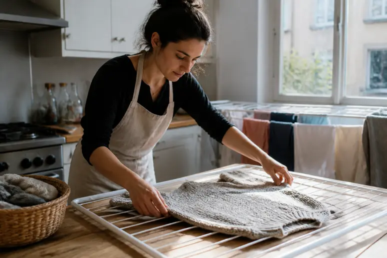 Une jeune femme pose délicatement un pull en laine tricoté à la main à plat pour le sécher dans sa cuisine.