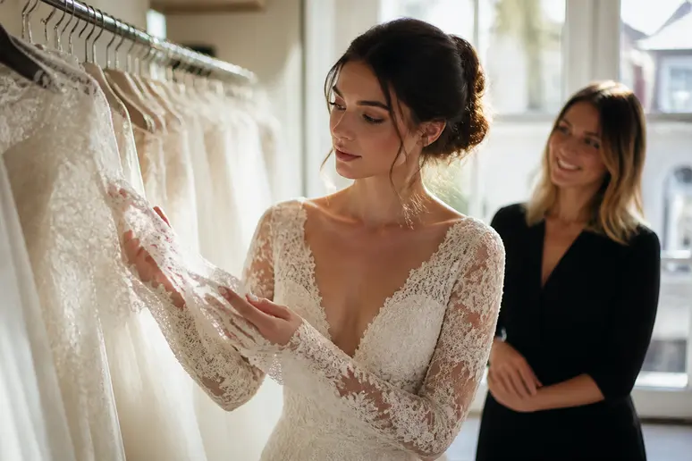 Une future mariée explore avec attention des robes de mariée dans une boutique parisienne lumineuse, conseillée par une vendeuse souriante et expérimentée.