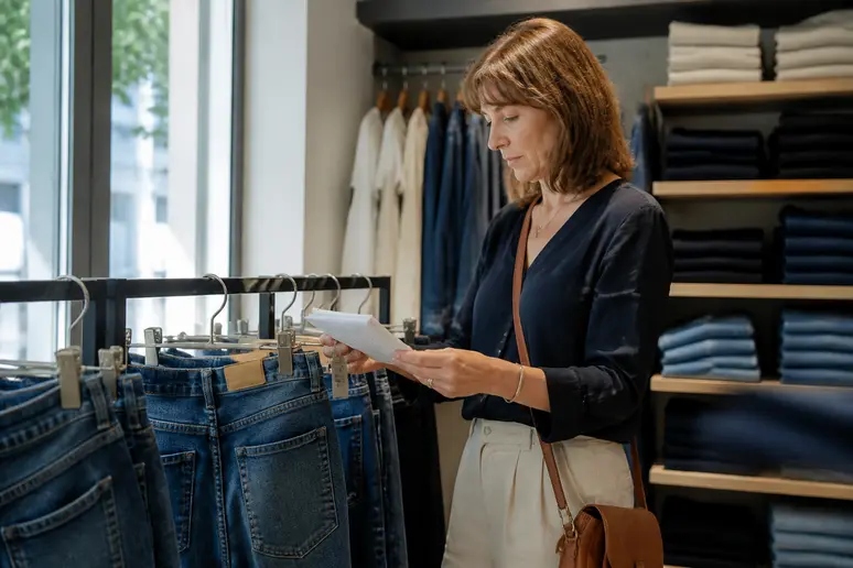 Une femme française examine les étiquettes de jeans Levi's en magasin, comparant les tailles et ses propres mesures pour un achat réfléchi.