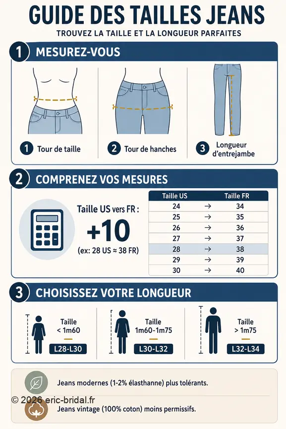 Guide visuel pour choisir la taille parfaite de jean Levi's en mesurant son corps et en comprenant les correspondances de tailles.