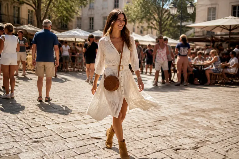 Femme dans une tenue Coachella confortable et stylée, déambulant dans une rue ensoleillée, un sac bandoulière pratique pour sa coachella-tenue.