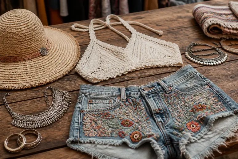 Vêtements vintage et accessoires éco-responsables pour une coachella-tenue, présentés sur une table en bois rustique, valorisant la seconde main.