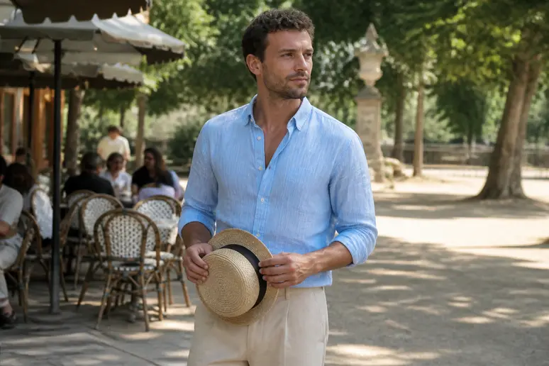Un homme portant une chemise en lin à fines rayures bleues et un pantalon beige, tenant un chapeau de paille dans un parc parisien.
