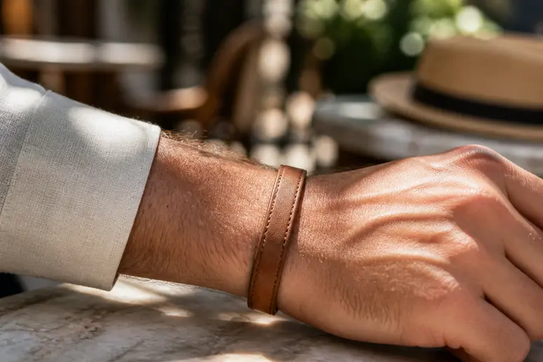 Gros plan sur un bracelet en cuir marron et un revers de chemise en lin, évoquant l'élégance décontractée des accessoires estivaux.