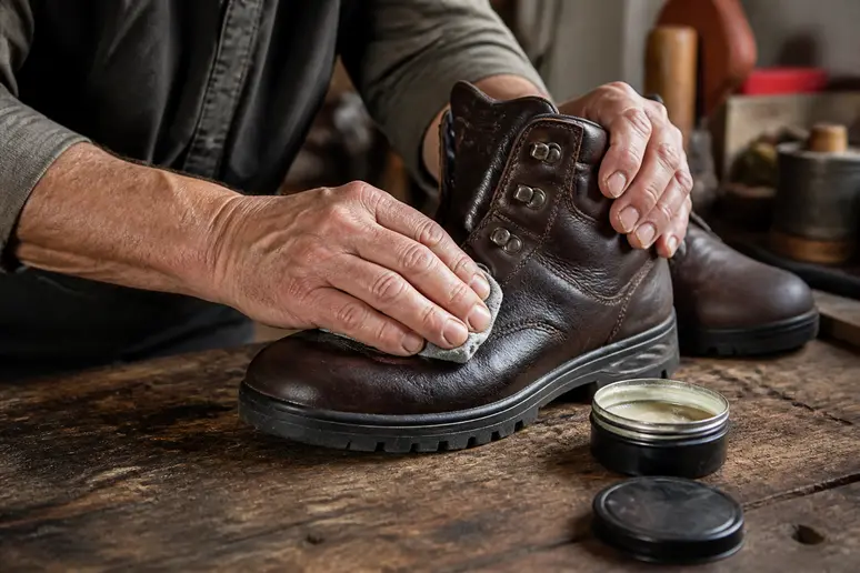 Entretien méticuleux de chaussures Le Soulor en cuir avec de la graisse végétale.