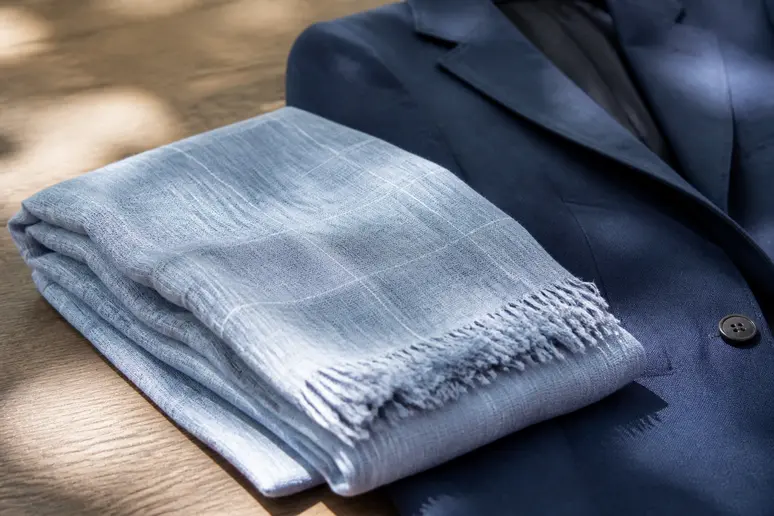 Chèche en coton et lin léger posé près d'un blazer bleu marine pour bien porter le chèche homme