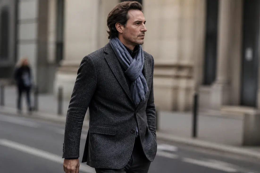 Un homme élégant qui montre comment bien porter le chèche homme avec une veste de costume en ville.