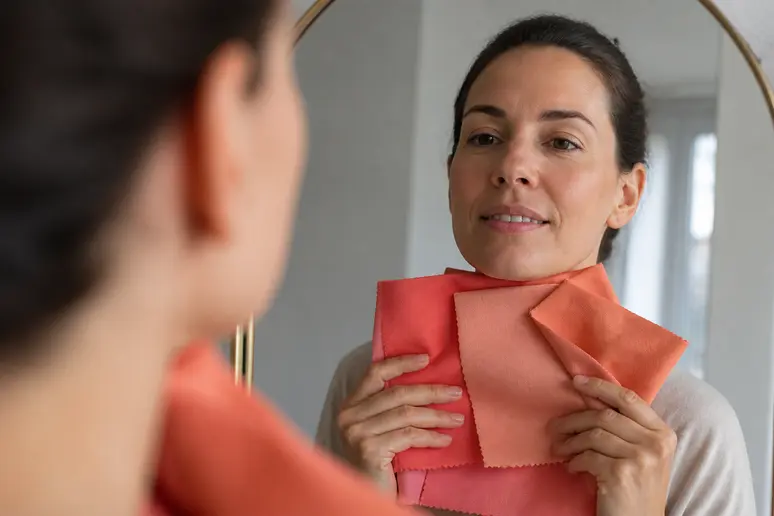 Test de draping à domicile avec des coupons de tissus aux sous-tons chauds sous le menton