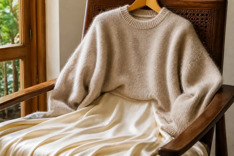 Jupe longue en satin fluide et pull doux pour composer un look de fête confortable