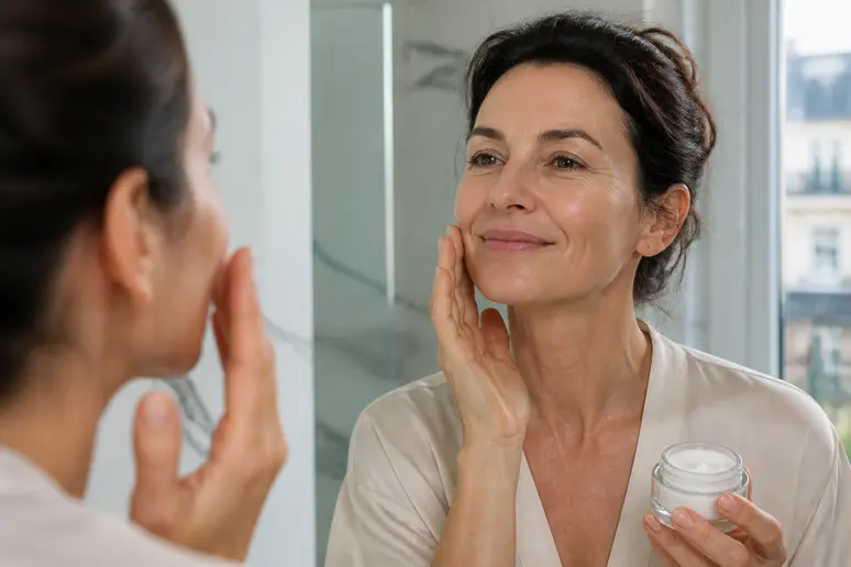 Une femme souriante admire l'effet hydratant de la crème damaclea sur son teint.