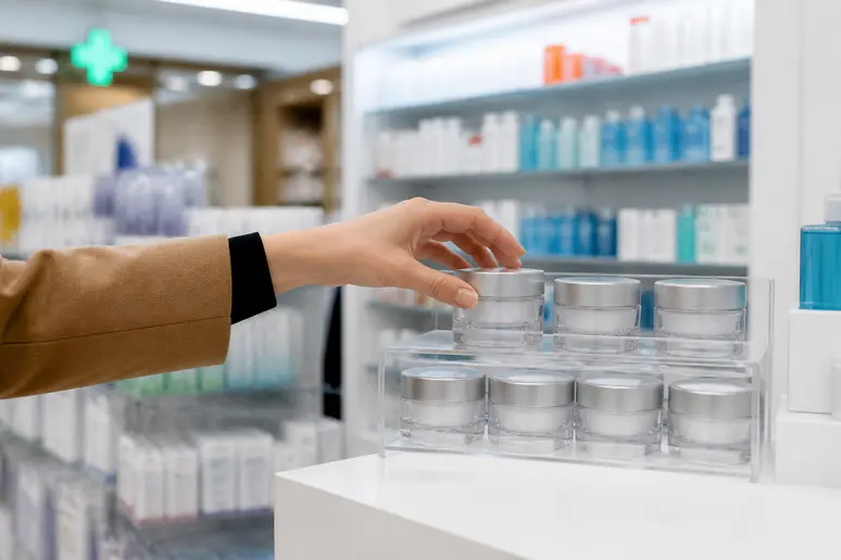 Une main saisit un pot de crème damaclea dans une pharmacie française moderne.