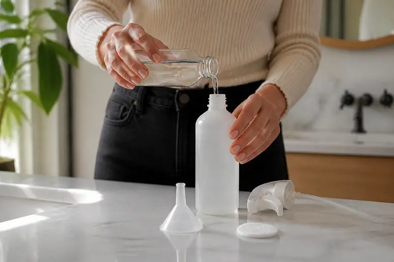 Préparation d'un dégraissant ongle maison avec de l'alcool et un vaporisateur.