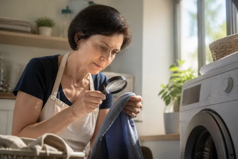 Comprendre les symboles lessive : une Française examine attentivement l'étiquette d'un vêtement.