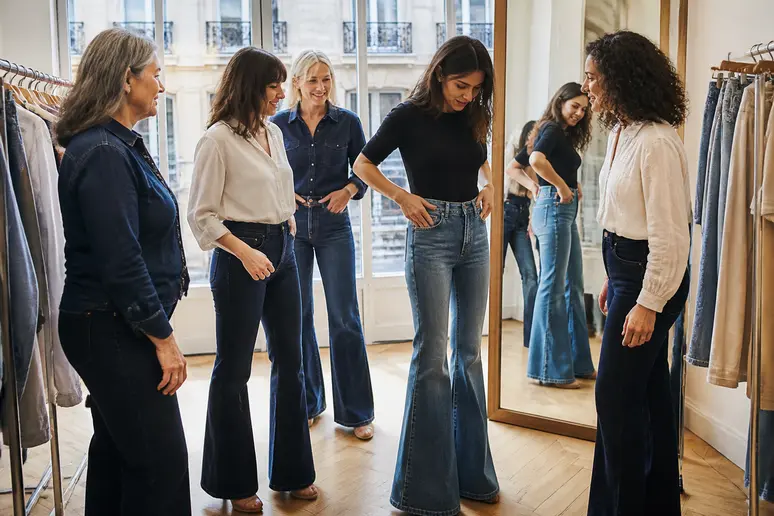 Comment porter un pantalon flare taille haute pour une silhouette élancée dans une boutique parisienne.