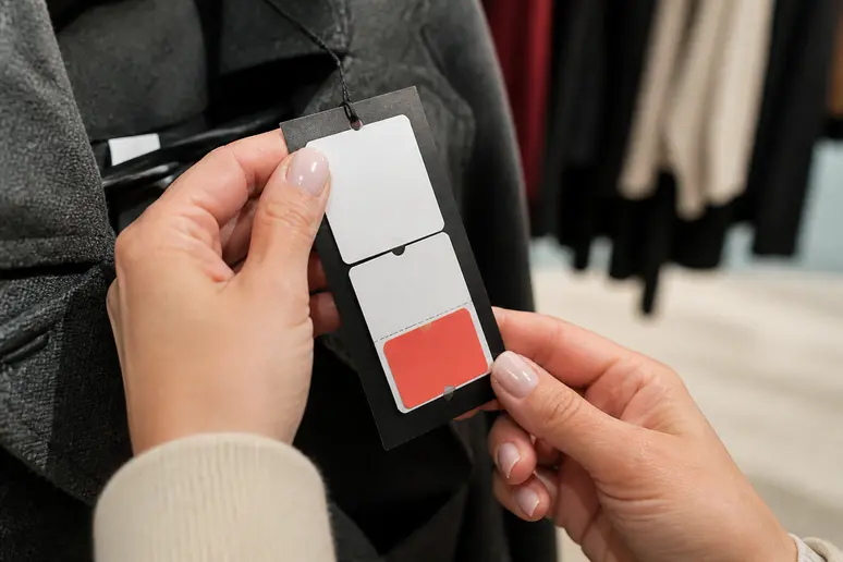Mains tenant une étiquette de prix pour un manteau IKKS femme avec offre promotionnelle.