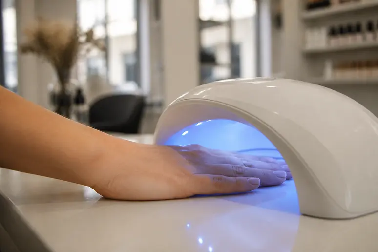Détail d'une main sous une lampe led pour ongles en salon de beauté.