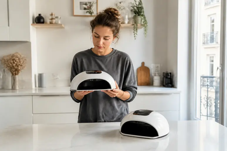 Femme choisissant sa lampe led pour ongles, examinant les caractéristiques.