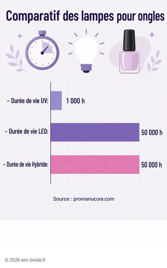 Comparatif des durées de vie des lampes UV, LED et Hybride pour choisir sa lampe led pour ongles idéale.
