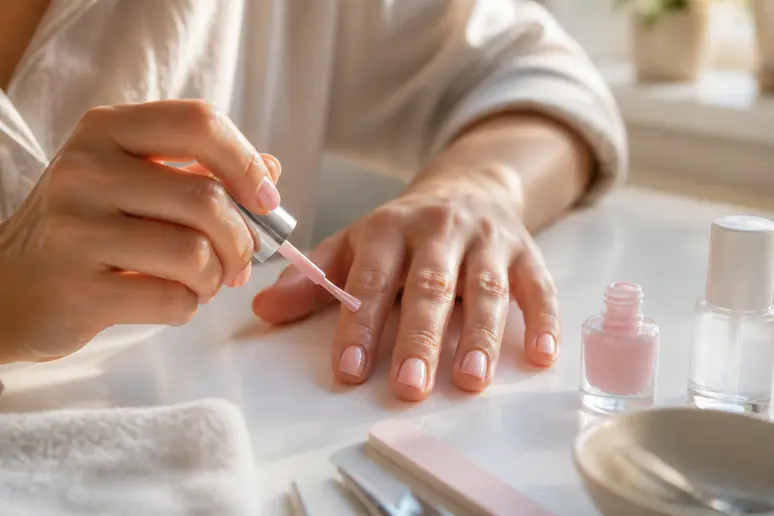 Application minutieuse d'un vernis ongle rose poudré par une femme à domicile.
