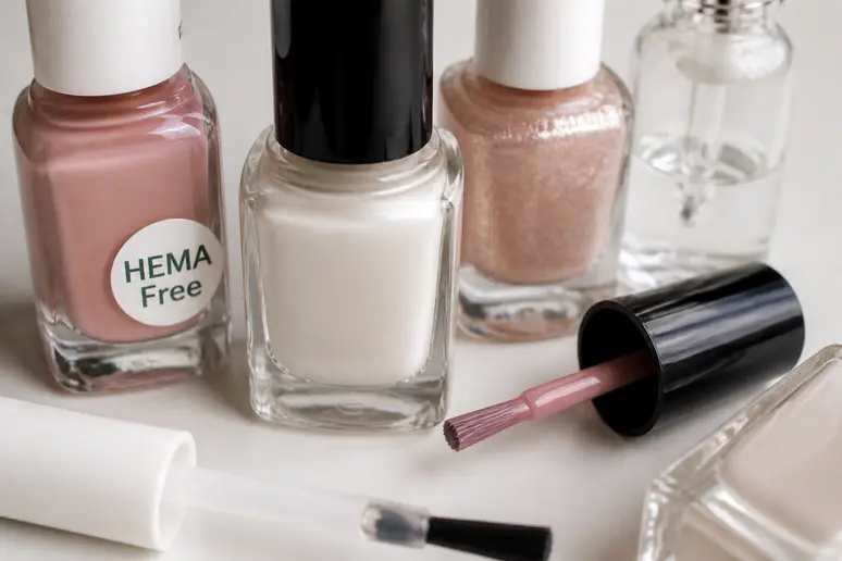 Sélection de vernis à ongle rose poudré, avec une mention 'HEMA Free' en avant.