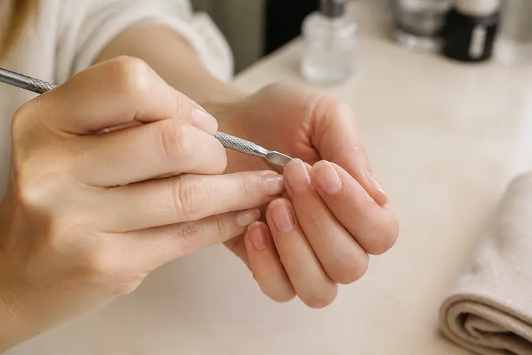 Préparation méticuleuse des ongles pour un baby boomer parfait, étape essentielle.