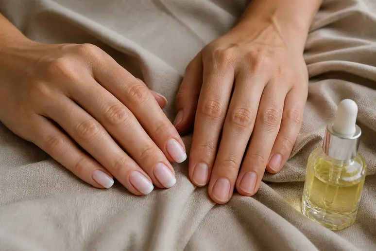 Manucure baby boomer élégante à côté d'ongles naturels en phase de récupération.
