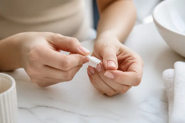Application douce d'une brosse pour prévenir l'onycholyse et maintenir des ongles sains.