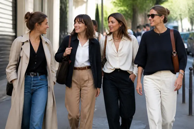 Femmes élégantes marchant à Paris, évitant la patte de chameau avec des vêtements bien ajustés