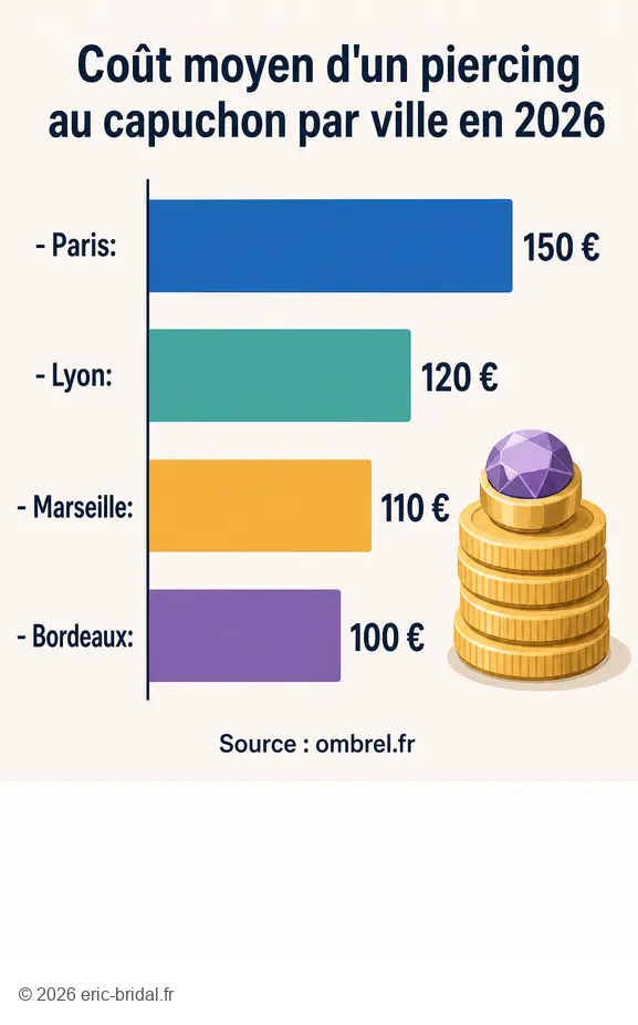 Comparatif des prix d'un piercing capuchon en 2026 : Paris, Lyon, Marseille et Bordeaux.