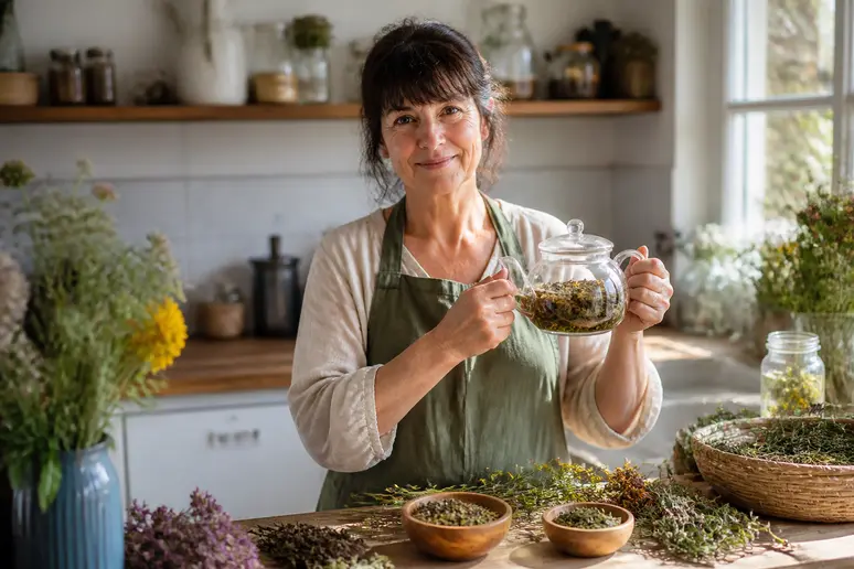 Préparation d'une infusion de plantes : un remède de grand-mère pour drainage lymphatique naturel.