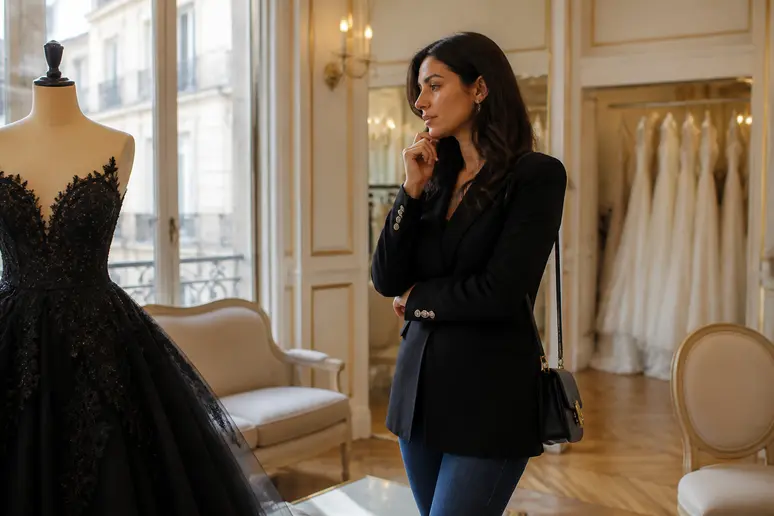 Future mariée contemplant une élégante robe de mariée noire dans une boutique parisienne, son choix stylistique.