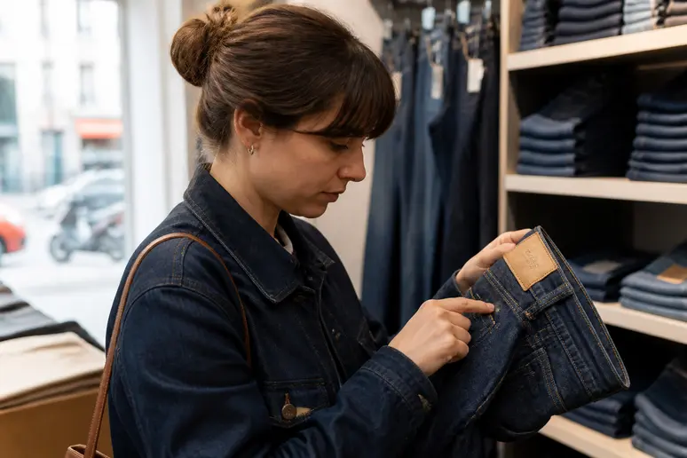 Jeune femme française déchiffrant un guide taille jean Levis en boutique, Paris.