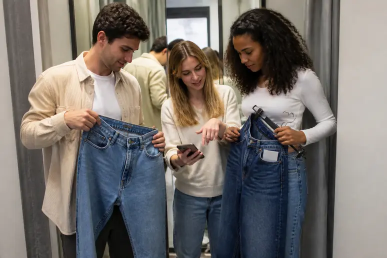 Amis à Paris comparant des coupes de jean, guide taille jean Levis adapté.