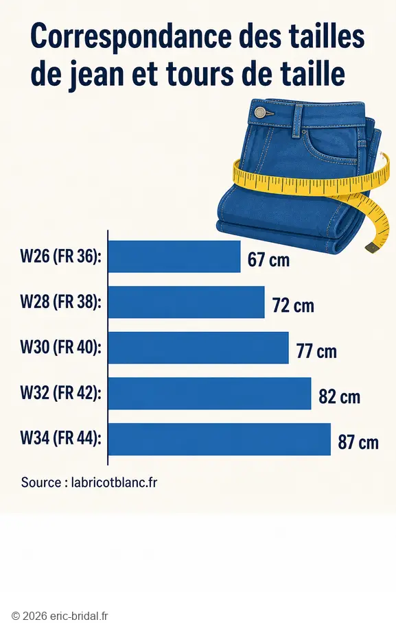 Guide taille jean levis avec la correspondance des tours de taille en centimètres.