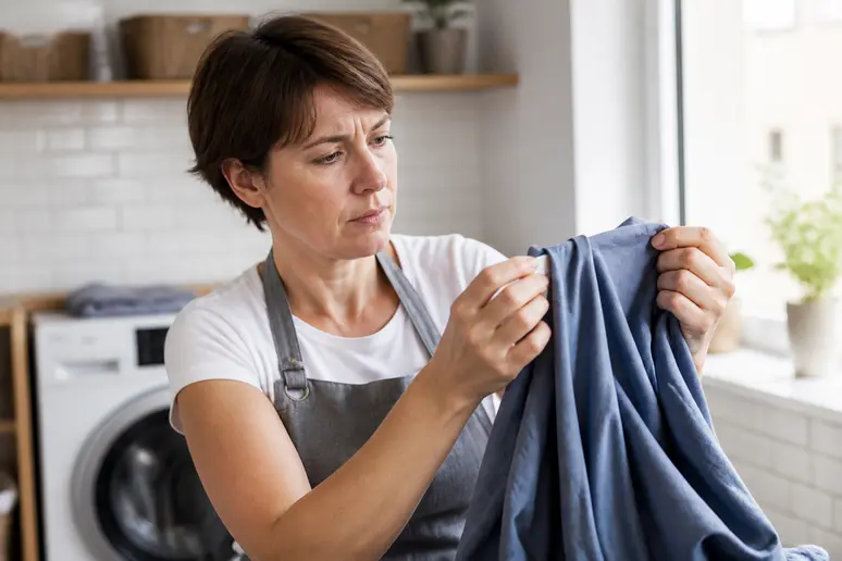 Femme vérifiant l'étiquette d'un vêtement avant de teindre en noir un vêtement