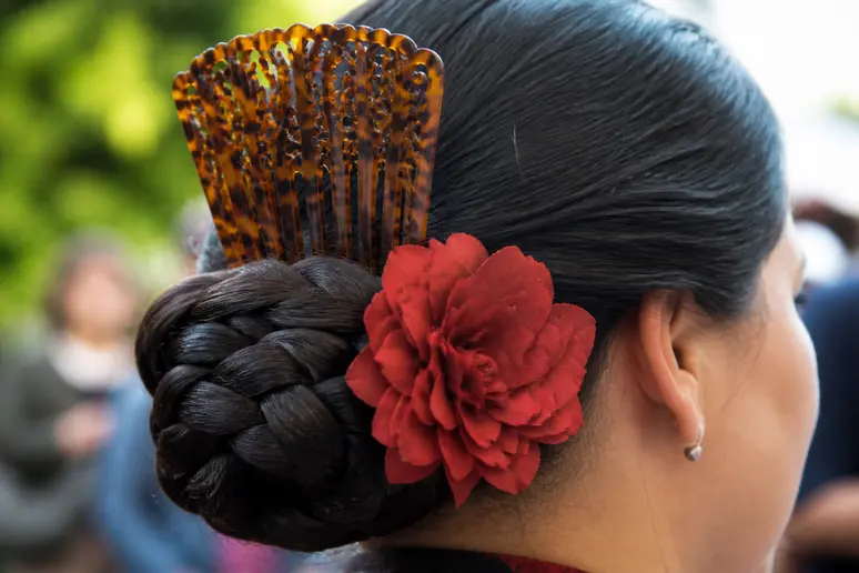 Peineta et fleur rouge fixées dans un chignon pour compléter une tenue espagnole femme.