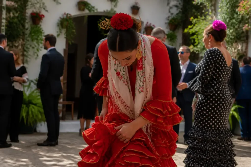 Femme ajustant sa tenue espagnole femme lors d'une fête traditionnelle ensoleillée
