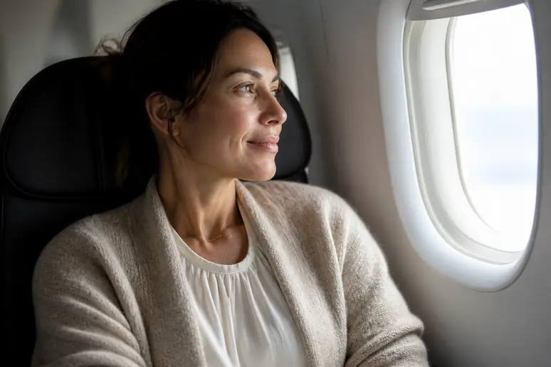 Femme habillée de couches de vêtements en fibres naturelles pour un vol long-courrier confortable