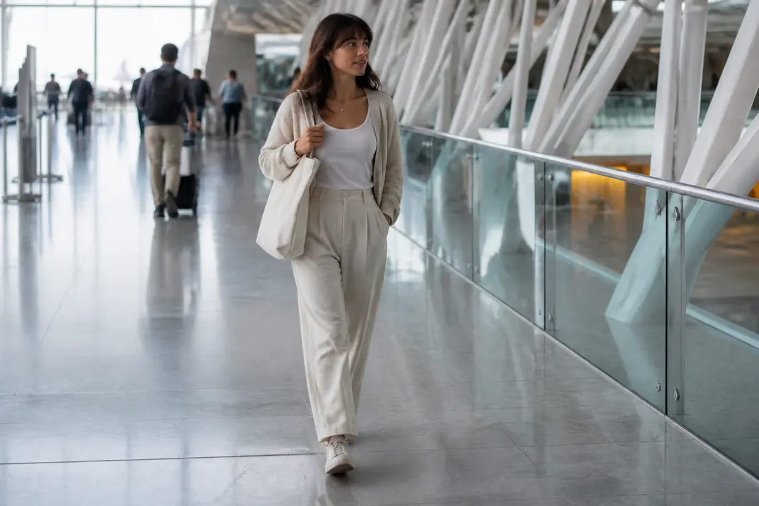 Une femme élégante marche dans un terminal avec une tenue voyage avion femme confortable et superposée