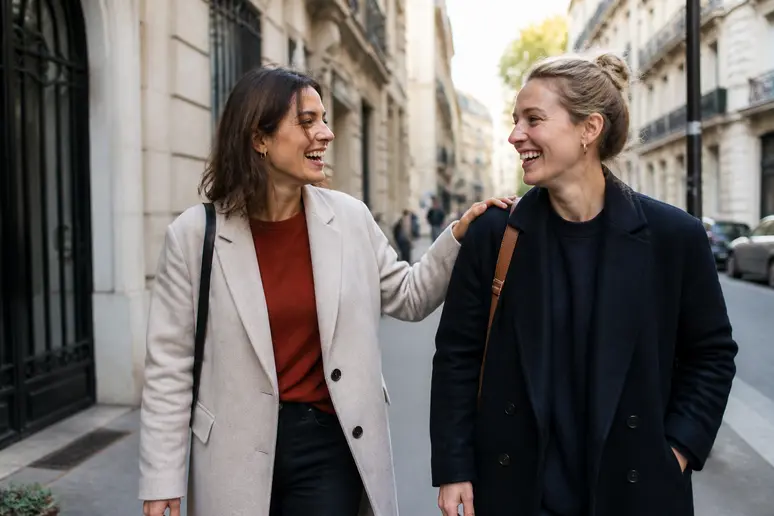 Signification d'un toucher sur l'épaule d'une amie dans une rue parisienne animée.