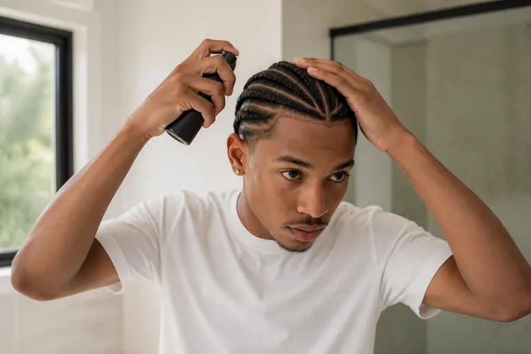 Homme aux tresses collées appliquant un spray hydratant pour l'entretien quotidien.