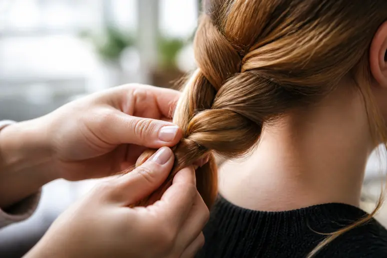 Mains réalisant une coiffure protectrice nuit sous forme de tresse lâche pour le sommeil.