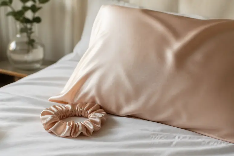 Accessoires pour une coiffure protectrice nuit comprenant un chouchou en soie et une taie d'oreiller.
