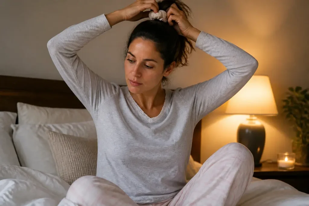 Femme préparant une coiffure protectrice nuit souple avec un chouchou en soie avant de dormir