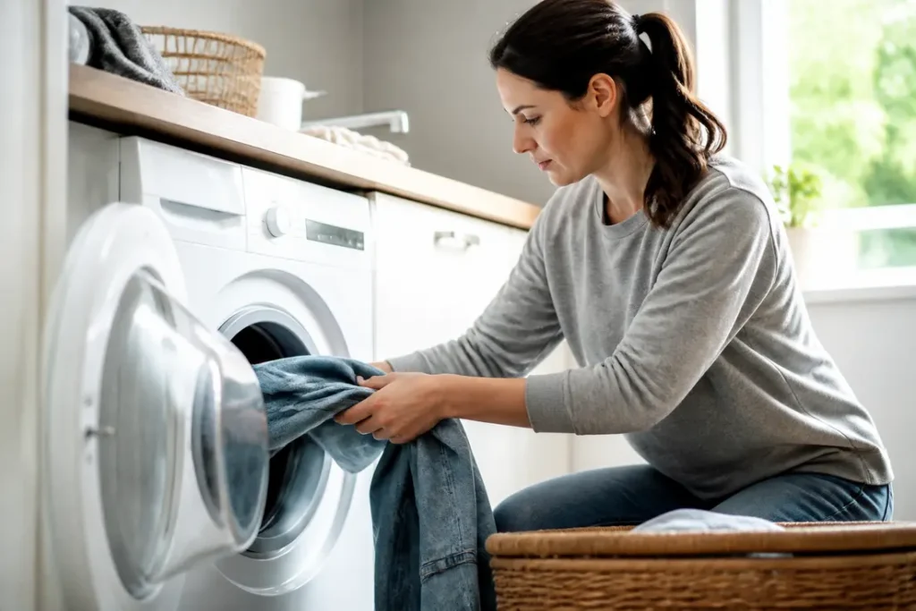 Une personne montre comment rétrécir un jean en utilisant une machine à laver chez elle