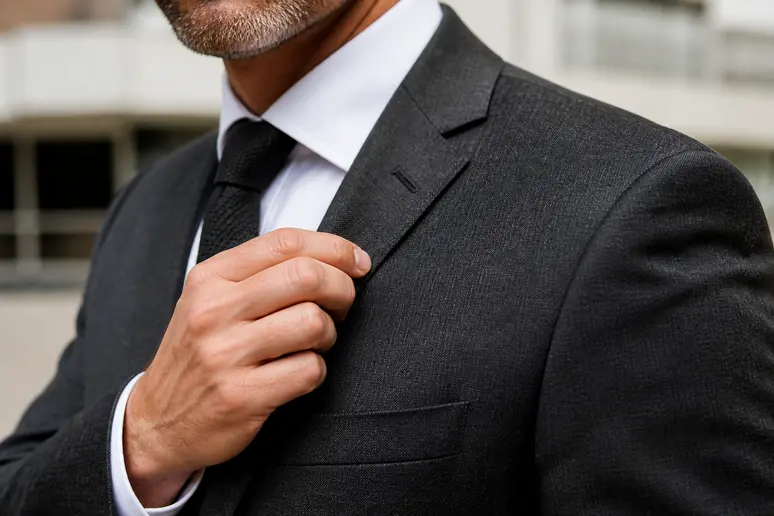 Un invité de mariage ajuste sa veste de costume gris anthracite lors d'une cérémonie