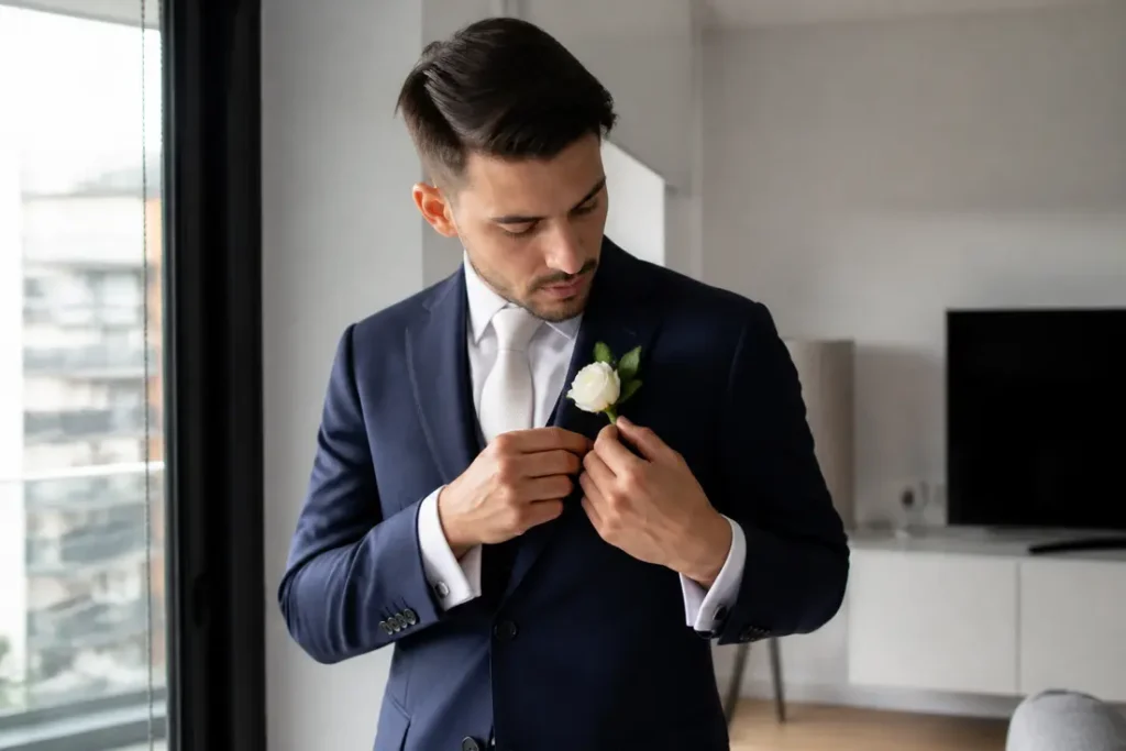 Un homme élégant en costume invité mariage homme ajuste sa tenue devant un miroir avant la cérémonie.