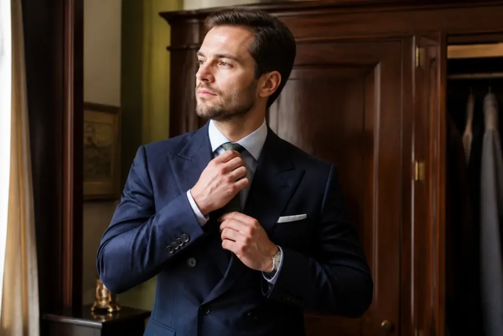 Un homme élégant ajuste sa cravate en portant un costume Kingsman sur mesure dans un dressing chic.